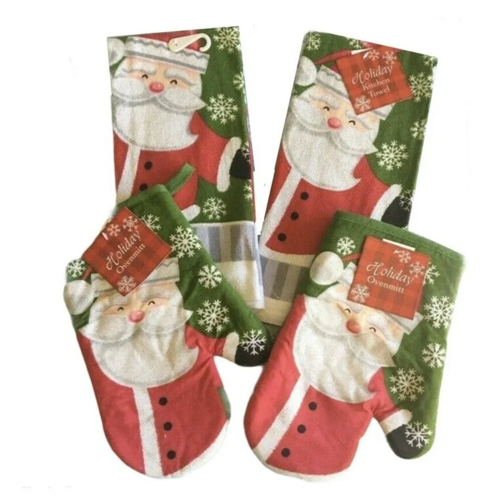 Santa Christmas Set of 4 Dish Towels Oven Mitts Snowflakes Holiday Glitter